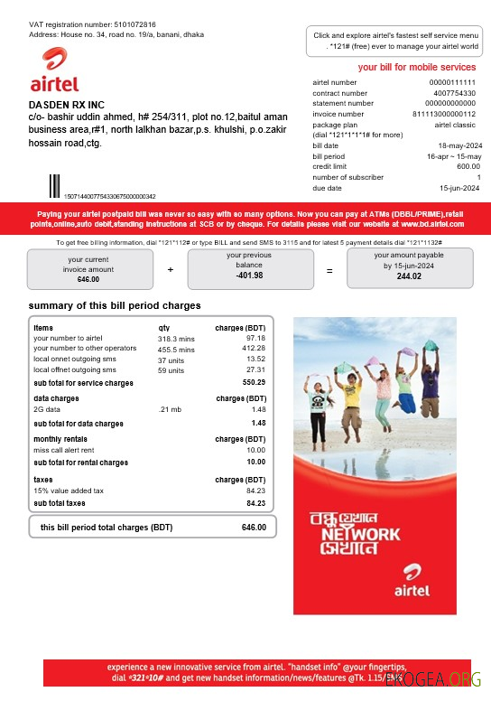 Modèle de facture de services publics pour les services de télécommunications India Airtel aux formats Word et PDF